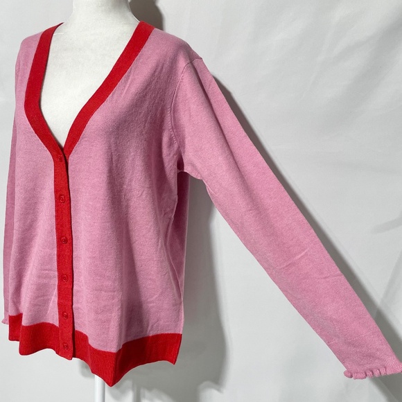 New Two Tone Button Front V-Neck Cardigan Sweater Pink Red Size Medium - Picture 8 of 15